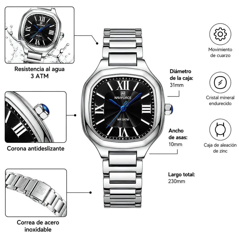 Naviforce Reloj Analógico Plateado con Correa de Acero Inoxidable, Diámetro de 31 mm, Cristal Mineral Endurecido y Resistencia al Agua 3 ATM.