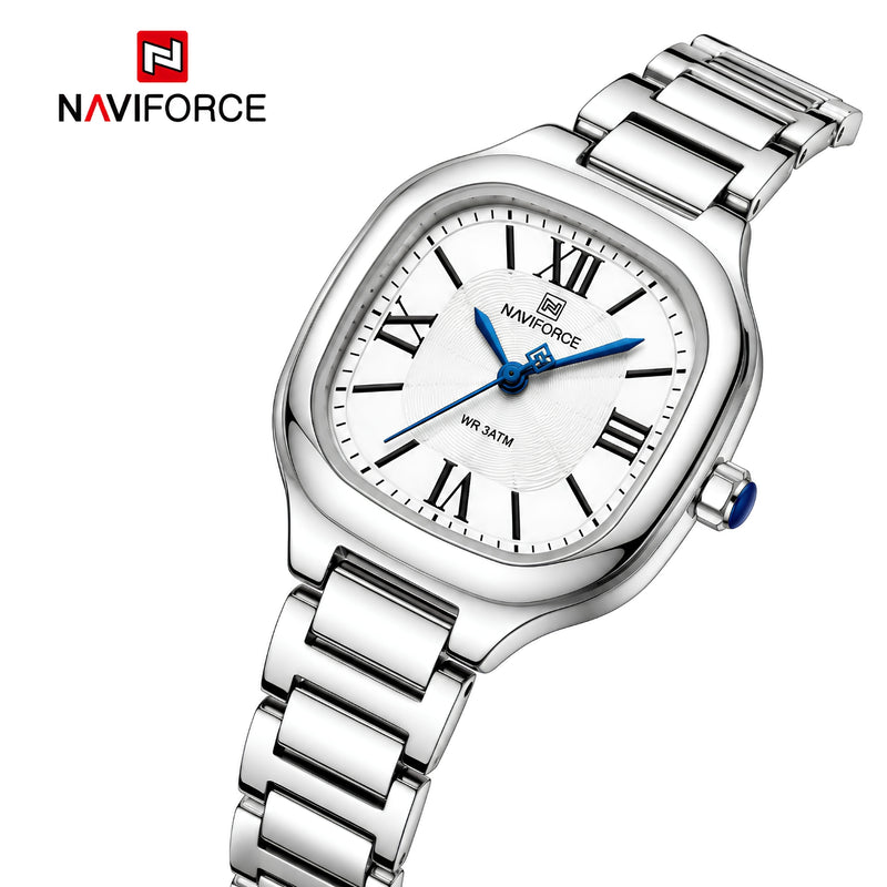 Naviforce Reloj Analógico Plateado con Correa de Acero Inoxidable, Diámetro de 31 mm, Cristal Mineral Endurecido y Resistencia al Agua 3 ATM.