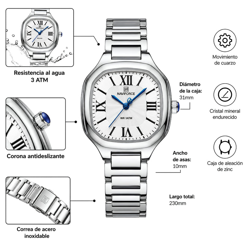Naviforce Reloj Analógico Plateado con Correa de Acero Inoxidable, Diámetro de 31 mm, Cristal Mineral Endurecido y Resistencia al Agua 3 ATM.