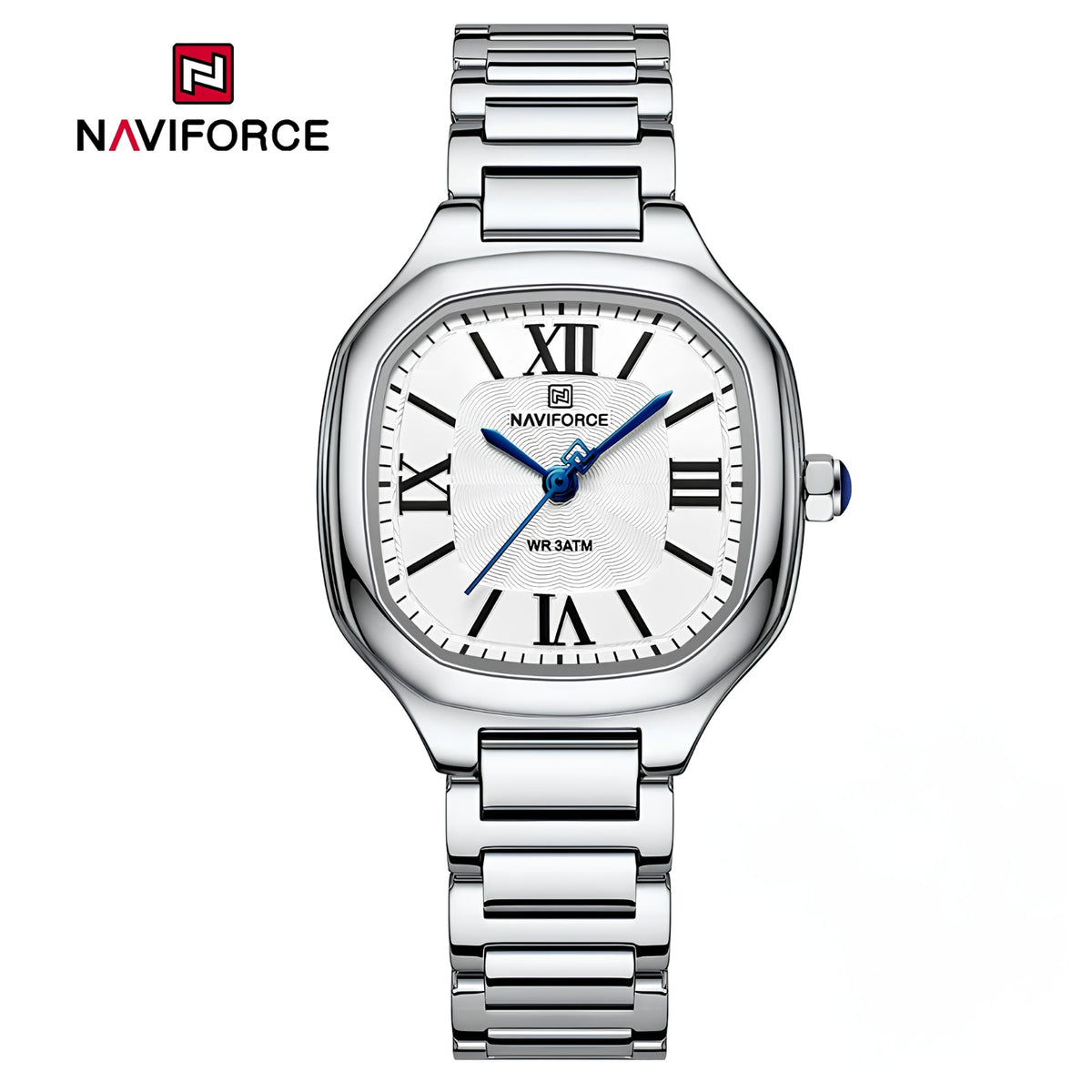 Naviforce Reloj Analógico Plateado con Correa de Acero Inoxidable, Diámetro de 31 mm, Cristal Mineral Endurecido y Resistencia al Agua 3 ATM.