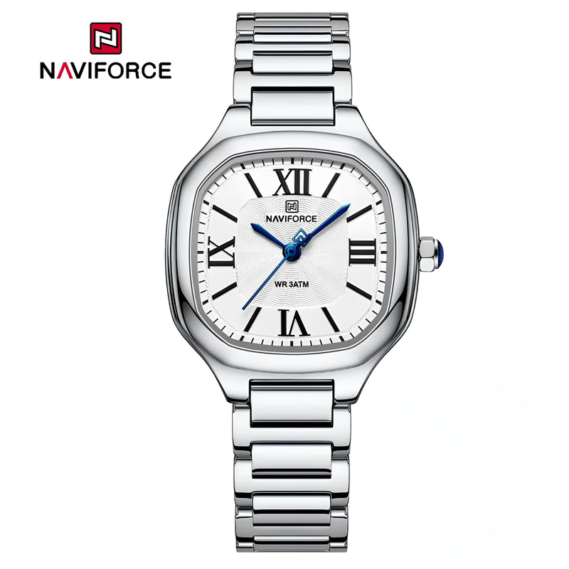 Naviforce Reloj Analógico Plateado con Correa de Acero Inoxidable, Diámetro de 31 mm, Cristal Mineral Endurecido y Resistencia al Agua 3 ATM.