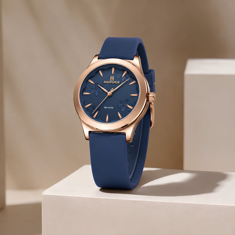 Naviforce Reloj Analógico Azul con Detalles Rose Gold y Correa de Silicona, Diámetro de 36 mm, Cristal Mineral Endurecido y Resistencia al Agua 3 ATM.