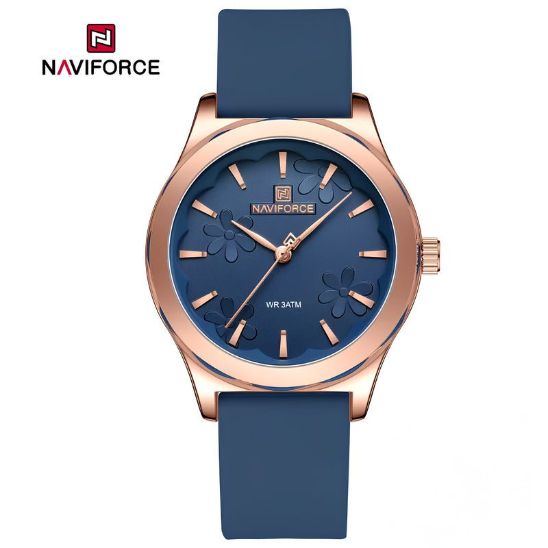 Naviforce Reloj Analógico Azul con Detalles Rose Gold y Correa de Silicona, Diámetro de 36 mm, Cristal Mineral Endurecido y Resistencia al Agua 3 ATM.
