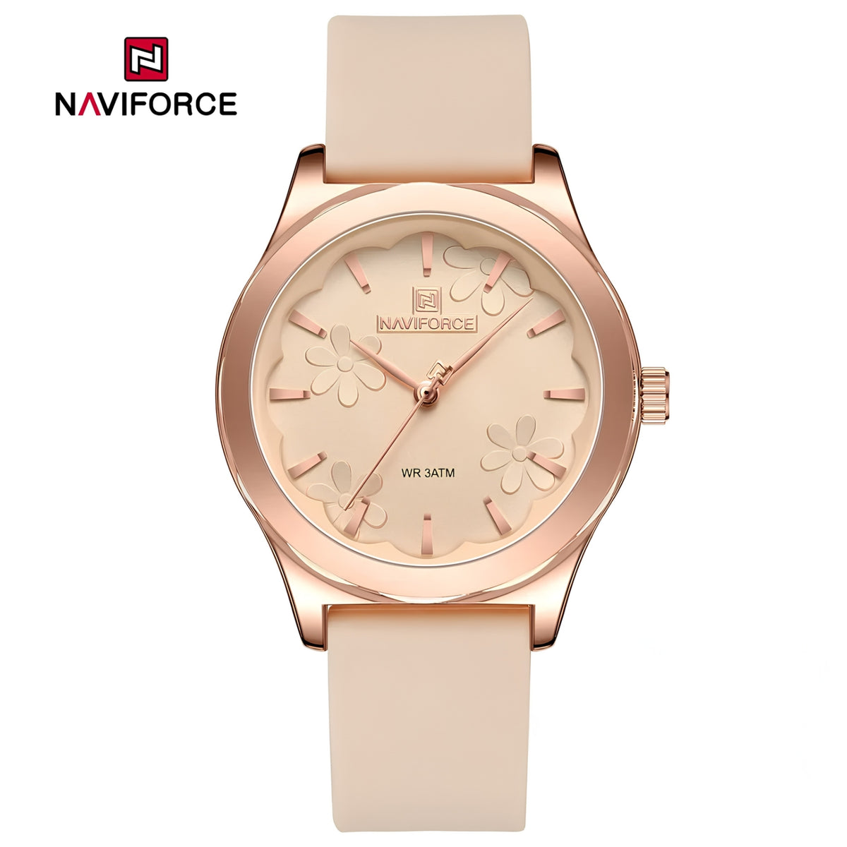 Naviforce Reloj Analógico Beige con Detalles Rose Gold y Correa de Silicona, Diámetro de 36 mm, Cristal Mineral Endurecido y Resistencia al Agua 3 ATM.