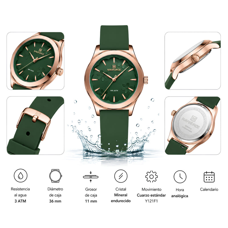 Naviforce Reloj Analógico Verde con Detalles Rose Gold y Correa de Silicona, Diámetro de 36 mm, Cristal Mineral Endurecido y Resistencia al Agua 3 ATM.