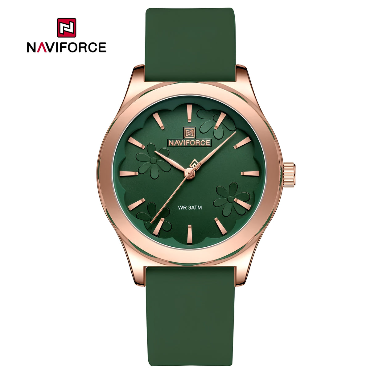 Naviforce Reloj Analógico Verde con Detalles Rose Gold y Correa de Silicona, Diámetro de 36 mm, Cristal Mineral Endurecido y Resistencia al Agua 3 ATM.
