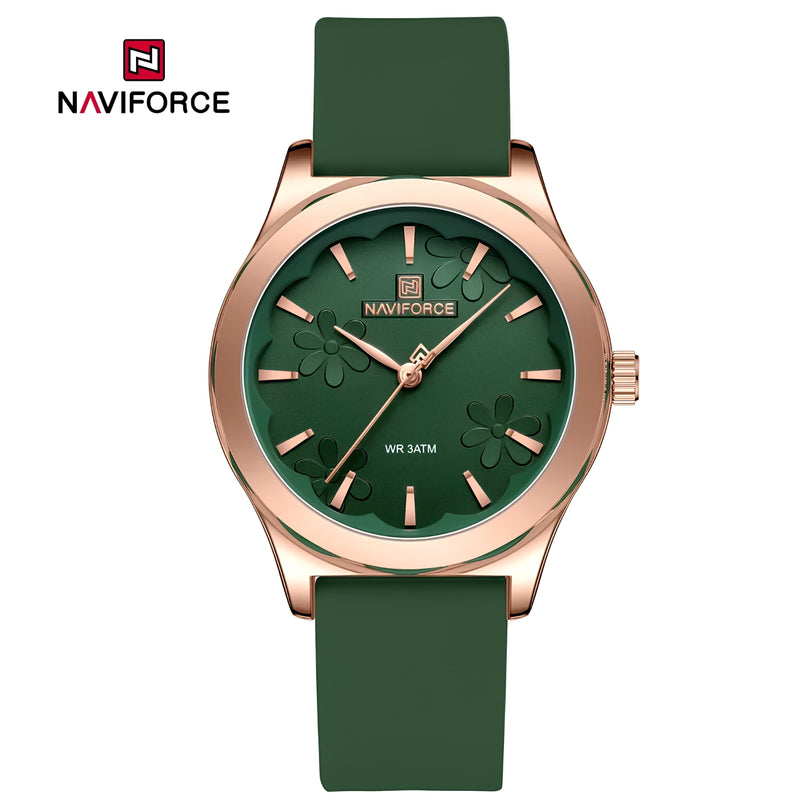 Naviforce Reloj Analógico Verde con Detalles Rose Gold y Correa de Silicona, Diámetro de 36 mm, Cristal Mineral Endurecido y Resistencia al Agua 3 ATM.