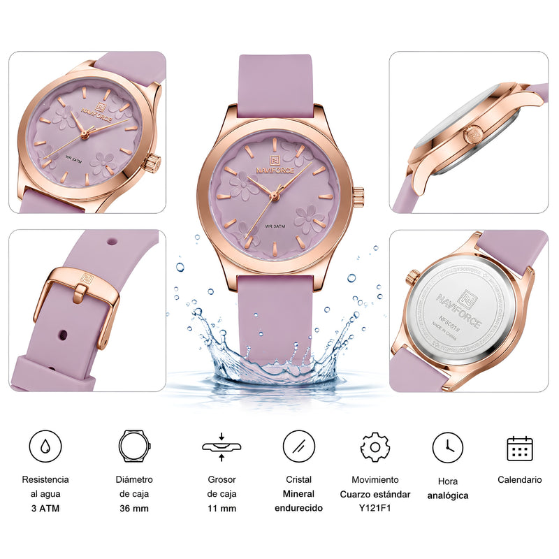 Naviforce Reloj Analógico Rosado con Detalles Rose Gold y Correa de Silicona, Diámetro de 36 mm, Cristal Mineral Endurecido y Resistencia al Agua 3 ATM.