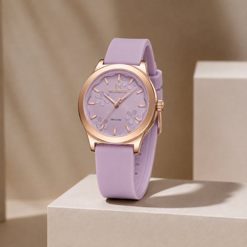 Naviforce Reloj Analógico Rosado con Detalles Rose Gold y Correa de Silicona, Diámetro de 36 mm, Cristal Mineral Endurecido y Resistencia al Agua 3 ATM.