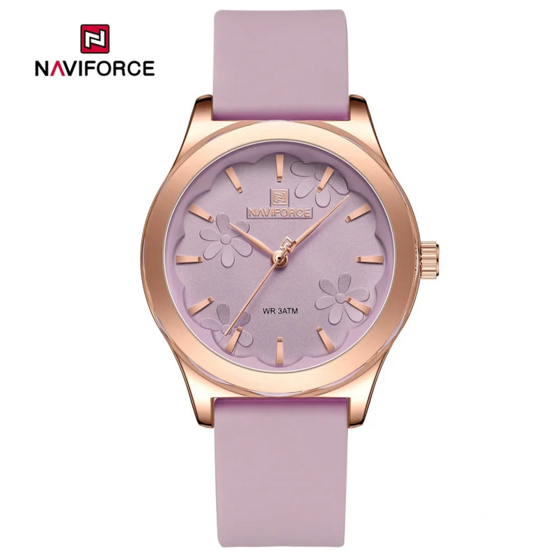 Naviforce Reloj Analógico Rosado con Detalles Rose Gold y Correa de Silicona, Diámetro de 36 mm, Cristal Mineral Endurecido y Resistencia al Agua 3 ATM.