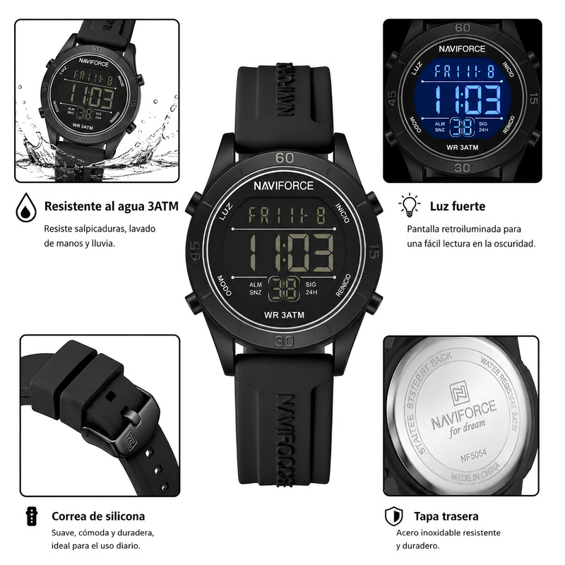 Naviforce Reloj Digital Negro con Detalles Blancos y Correa de Silicona, Diámetro de 36 mm, Cristal Mineral Endurecido y Resistencia al Agua 3 ATM.