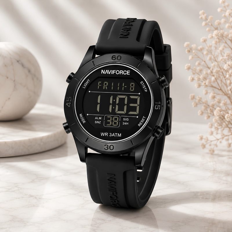 Naviforce Reloj Digital Negro con Detalles Blancos y Correa de Silicona, Diámetro de 36 mm, Cristal Mineral Endurecido y Resistencia al Agua 3 ATM.