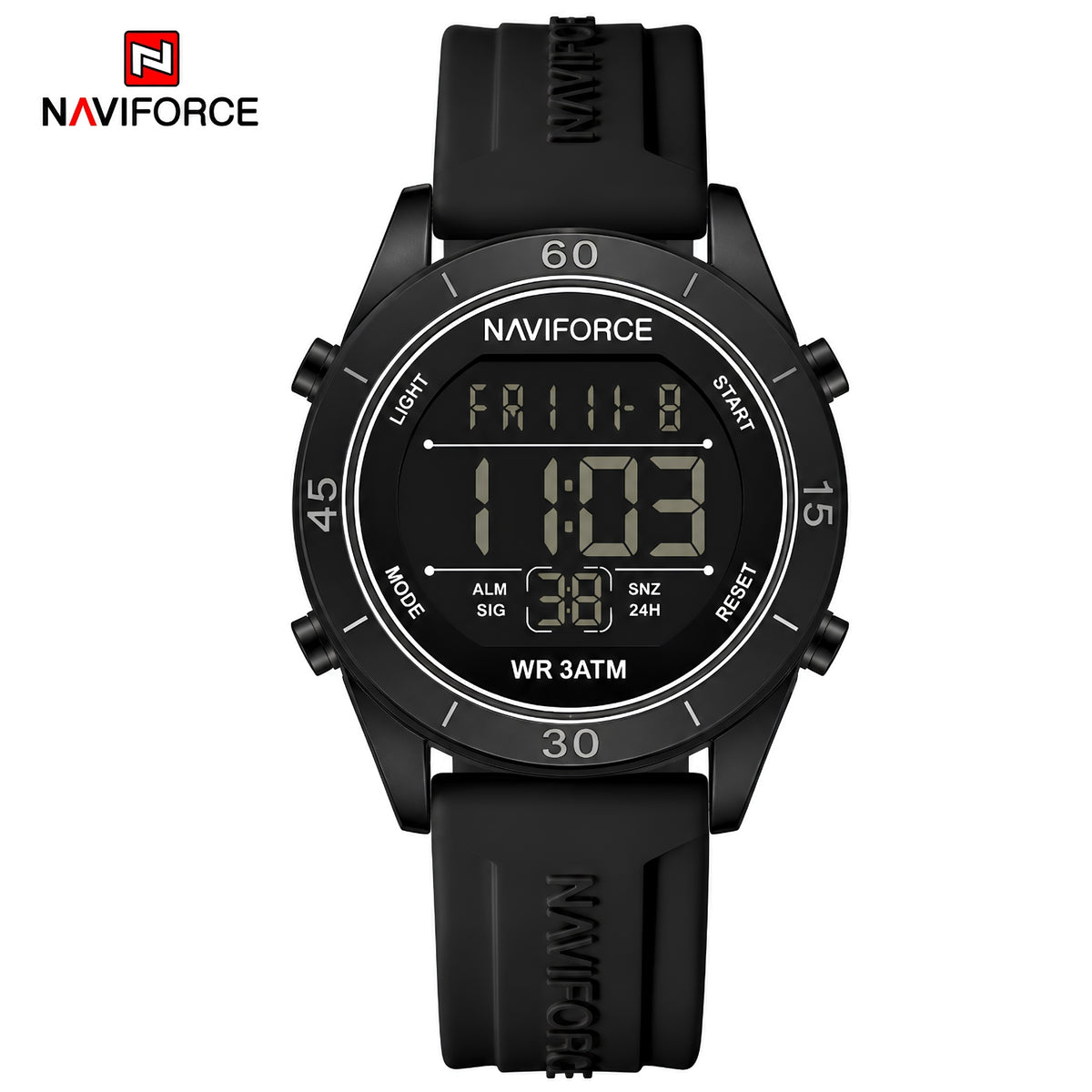 Naviforce Reloj Digital Negro con Detalles Blancos y Correa de Silicona, Diámetro de 36 mm, Cristal Mineral Endurecido y Resistencia al Agua 3 ATM.