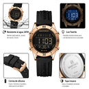 "Naviforce Reloj Digital Negro con Detalles Rose Gold y Correa de Silicona, Diámetro de 36 mm, Cristal Mineral Endurecido y Resistencia al Agua 3 ATM. "