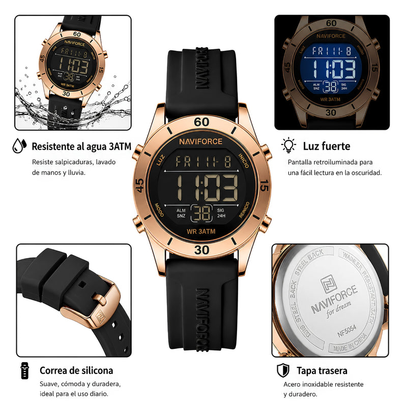 "Naviforce Reloj Digital Negro con Detalles Rose Gold y Correa de Silicona, Diámetro de 36 mm, Cristal Mineral Endurecido y Resistencia al Agua 3 ATM. "
