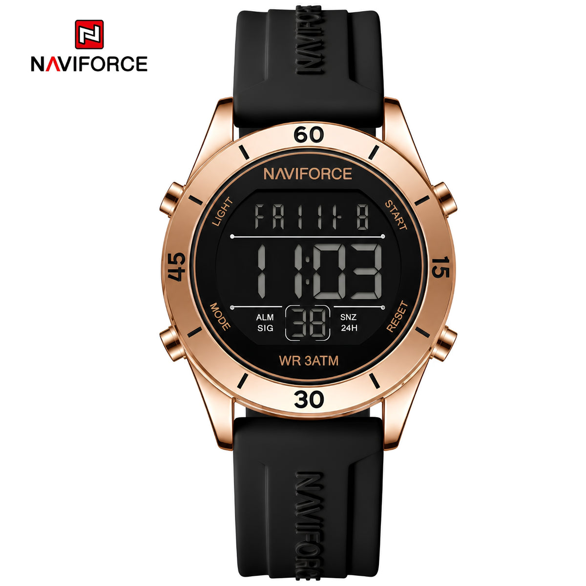 "Naviforce Reloj Digital Negro con Detalles Rose Gold y Correa de Silicona, Diámetro de 36 mm, Cristal Mineral Endurecido y Resistencia al Agua 3 ATM. "