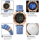 "Naviforce Reloj Digital Azul con Detalles Rose Gold y Correa de Silicona, Diámetro de 36 mm, Cristal Mineral Endurecido y Resistencia al Agua 3 ATM. "