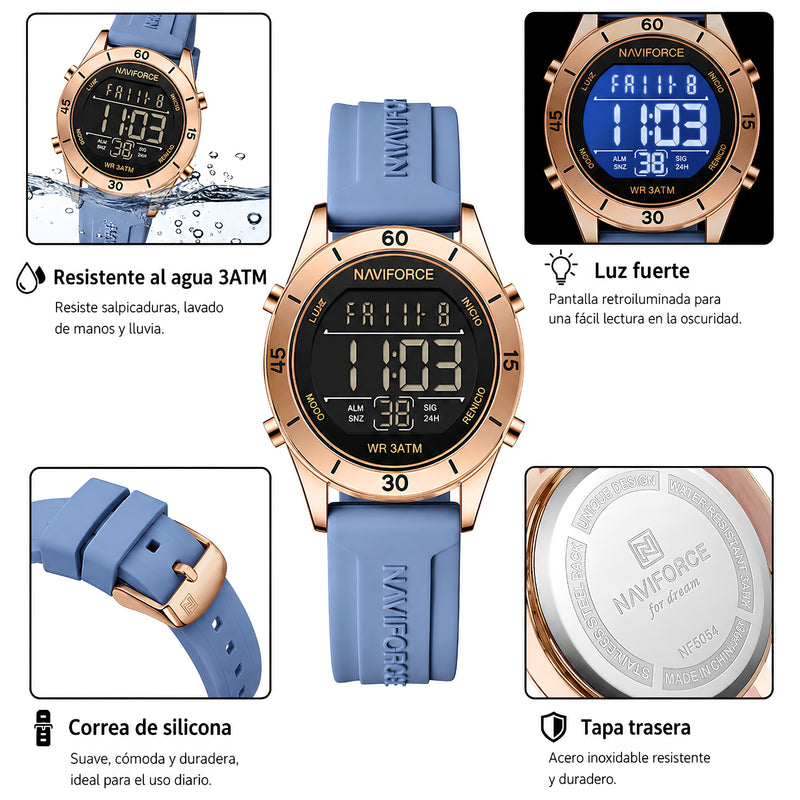 "Naviforce Reloj Digital Azul con Detalles Rose Gold y Correa de Silicona, Diámetro de 36 mm, Cristal Mineral Endurecido y Resistencia al Agua 3 ATM. "