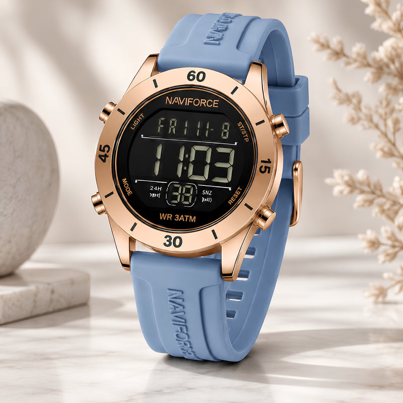 "Naviforce Reloj Digital Azul con Detalles Rose Gold y Correa de Silicona, Diámetro de 36 mm, Cristal Mineral Endurecido y Resistencia al Agua 3 ATM. "