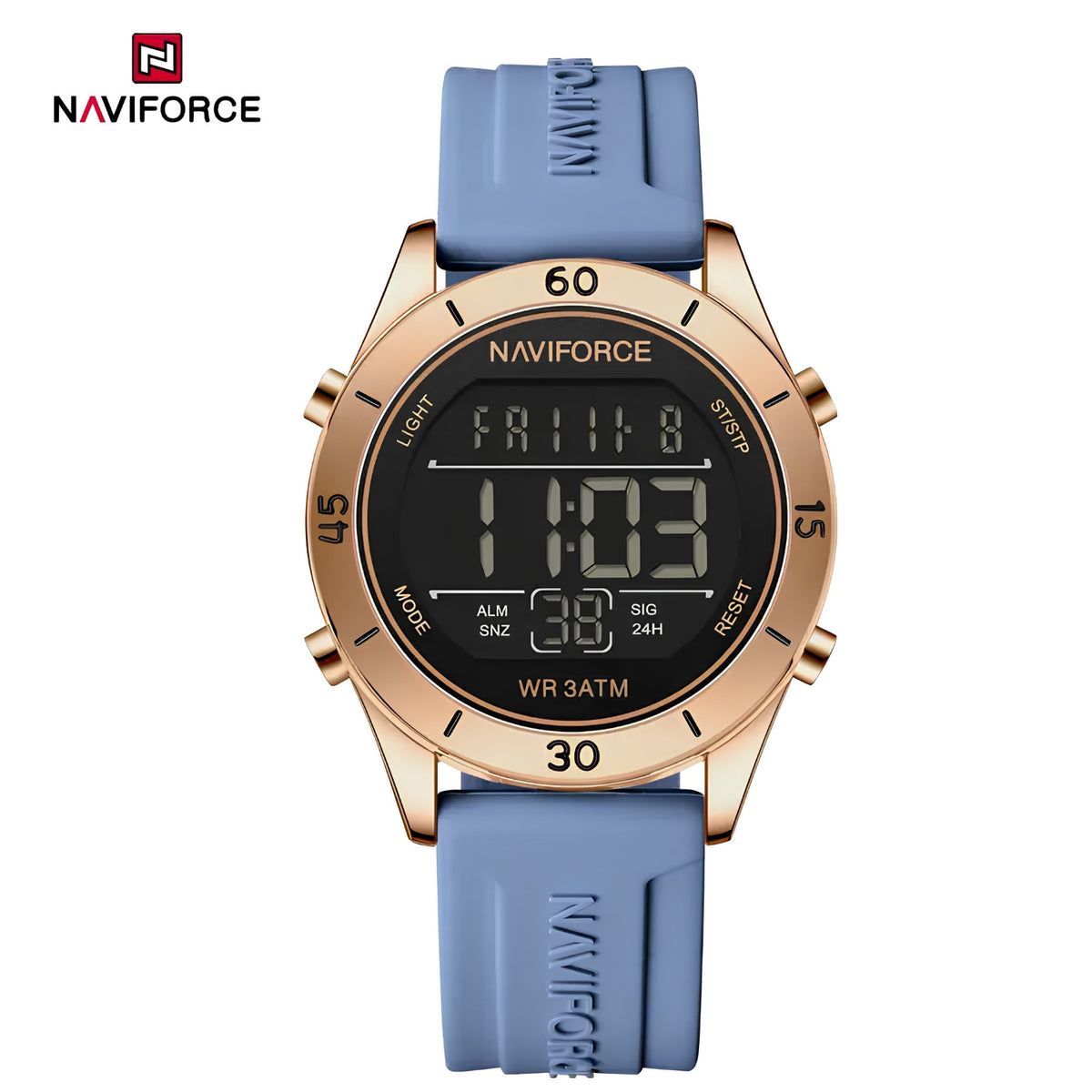 "Naviforce Reloj Digital Azul con Detalles Rose Gold y Correa de Silicona, Diámetro de 36 mm, Cristal Mineral Endurecido y Resistencia al Agua 3 ATM. "