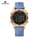 "Naviforce Reloj Digital Azul con Detalles Rose Gold y Correa de Silicona, Diámetro de 36 mm, Cristal Mineral Endurecido y Resistencia al Agua 3 ATM. "