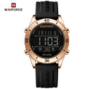 "Naviforce Reloj Digital Negro con Detalles Rose Gold y Correa de Silicona, Diámetro de 36 mm, Cristal Mineral Endurecido y Resistencia al Agua 3 ATM. "