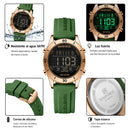 Naviforce Reloj Digital Verde con Detalles Rose Gold y Correa de Silicona, Diámetro de 36 mm, Cristal Mineral Endurecido y Resistencia al Agua 3 ATM.