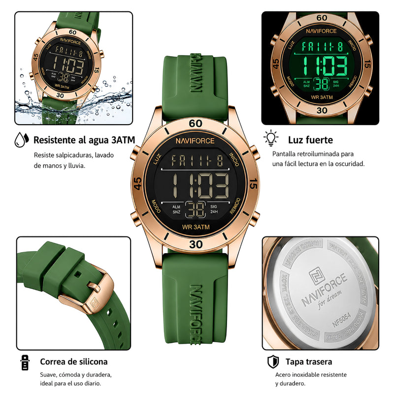 Naviforce Reloj Digital Verde con Detalles Rose Gold y Correa de Silicona, Diámetro de 36 mm, Cristal Mineral Endurecido y Resistencia al Agua 3 ATM.