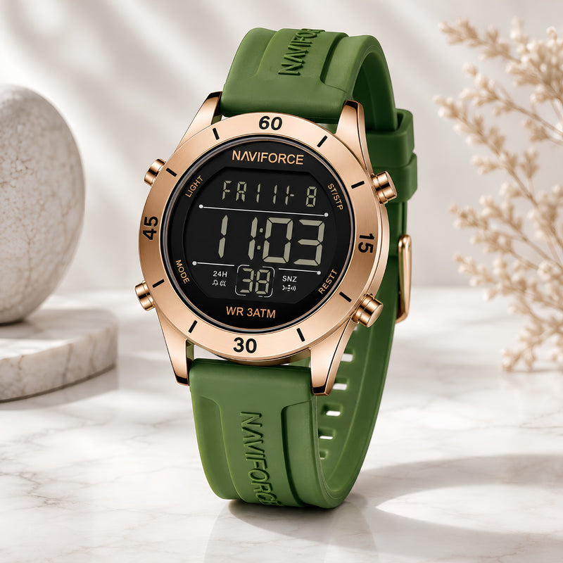 Naviforce Reloj Digital Verde con Detalles Rose Gold y Correa de Silicona, Diámetro de 36 mm, Cristal Mineral Endurecido y Resistencia al Agua 3 ATM.