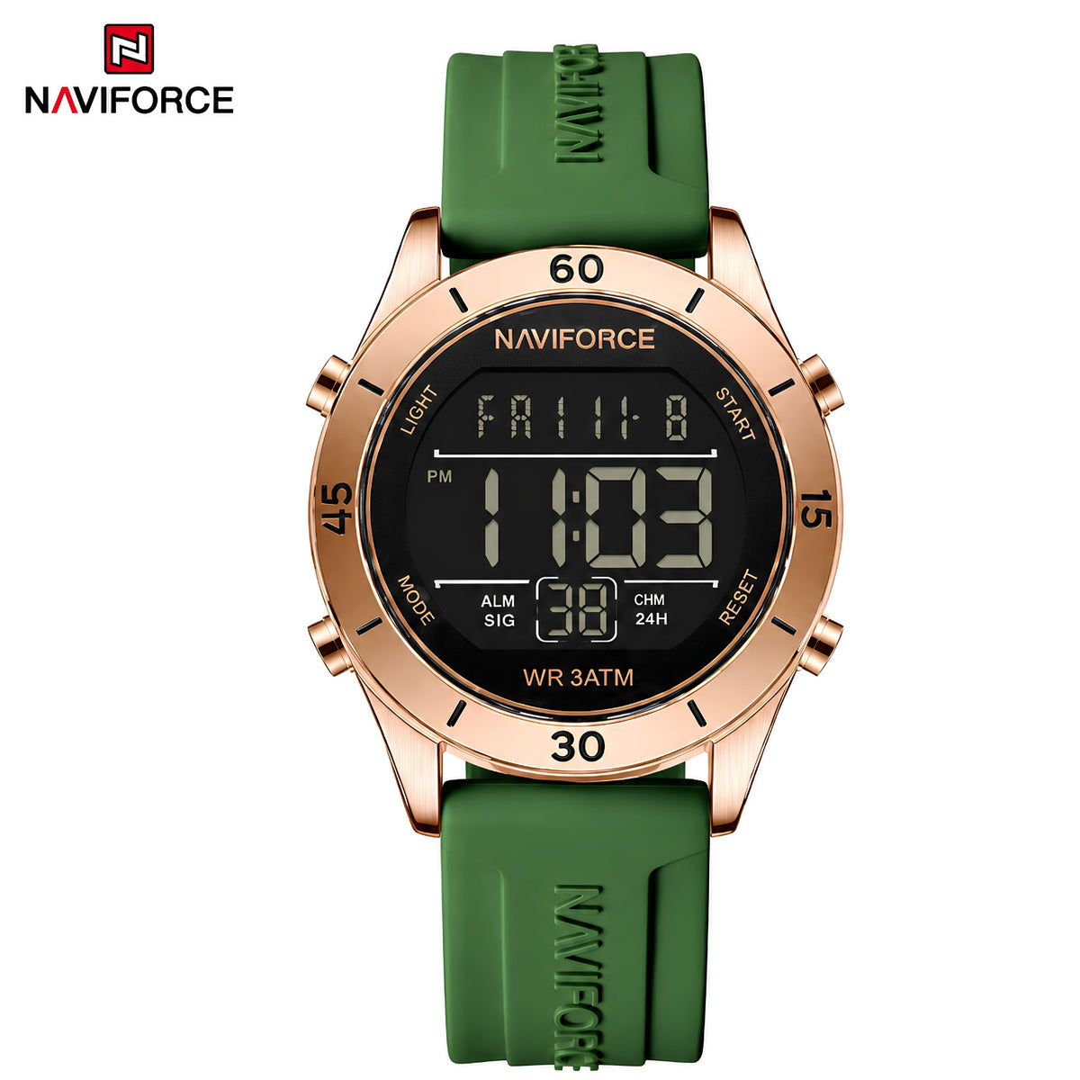 Naviforce Reloj Digital Verde con Detalles Rose Gold y Correa de Silicona, Diámetro de 36 mm, Cristal Mineral Endurecido y Resistencia al Agua 3 ATM.