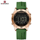 Naviforce Reloj Digital Verde con Detalles Rose Gold y Correa de Silicona, Diámetro de 36 mm, Cristal Mineral Endurecido y Resistencia al Agua 3 ATM.