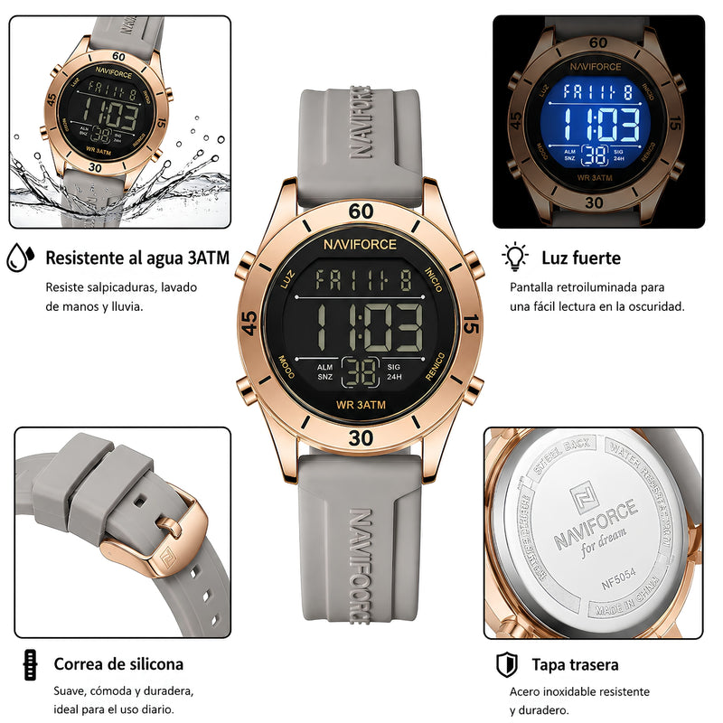 Naviforce Reloj Digital Gris con Detalles Rose Gold y Correa de Silicona, Diámetro de 36 mm, Cristal Mineral Endurecido y Resistencia al Agua 3 ATM.