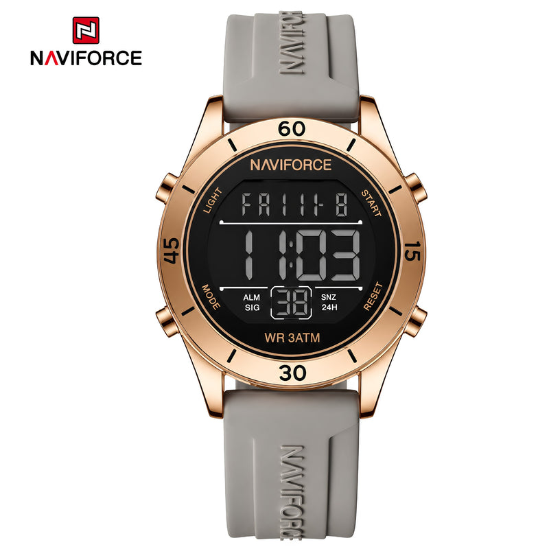 Naviforce Reloj Digital Gris con Detalles Rose Gold y Correa de Silicona, Diámetro de 36 mm, Cristal Mineral Endurecido y Resistencia al Agua 3 ATM.