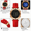 Naviforce Reloj Digital Rojo con Detalles Rose Gold y Correa de Silicona, Diámetro de 36 mm, Cristal Mineral Endurecido y Resistencia al Agua 3 ATM.