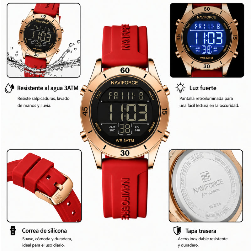 Naviforce Reloj Digital Rojo con Detalles Rose Gold y Correa de Silicona, Diámetro de 36 mm, Cristal Mineral Endurecido y Resistencia al Agua 3 ATM.