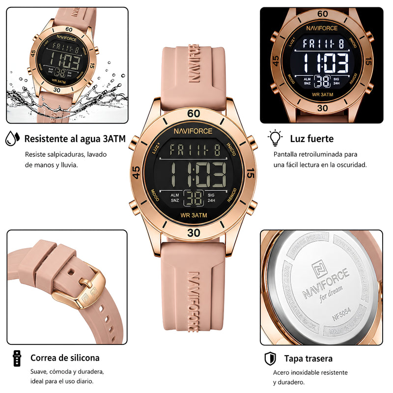 Naviforce Reloj Digital Rose Gold con Correa de Silicona, Diámetro de 36 mm, Cristal Mineral Endurecido y Resistencia al Agua 3 ATM.