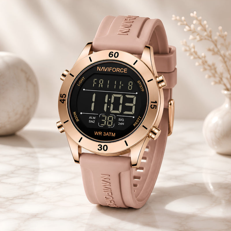 Naviforce Reloj Digital Rose Gold con Correa de Silicona, Diámetro de 36 mm, Cristal Mineral Endurecido y Resistencia al Agua 3 ATM.
