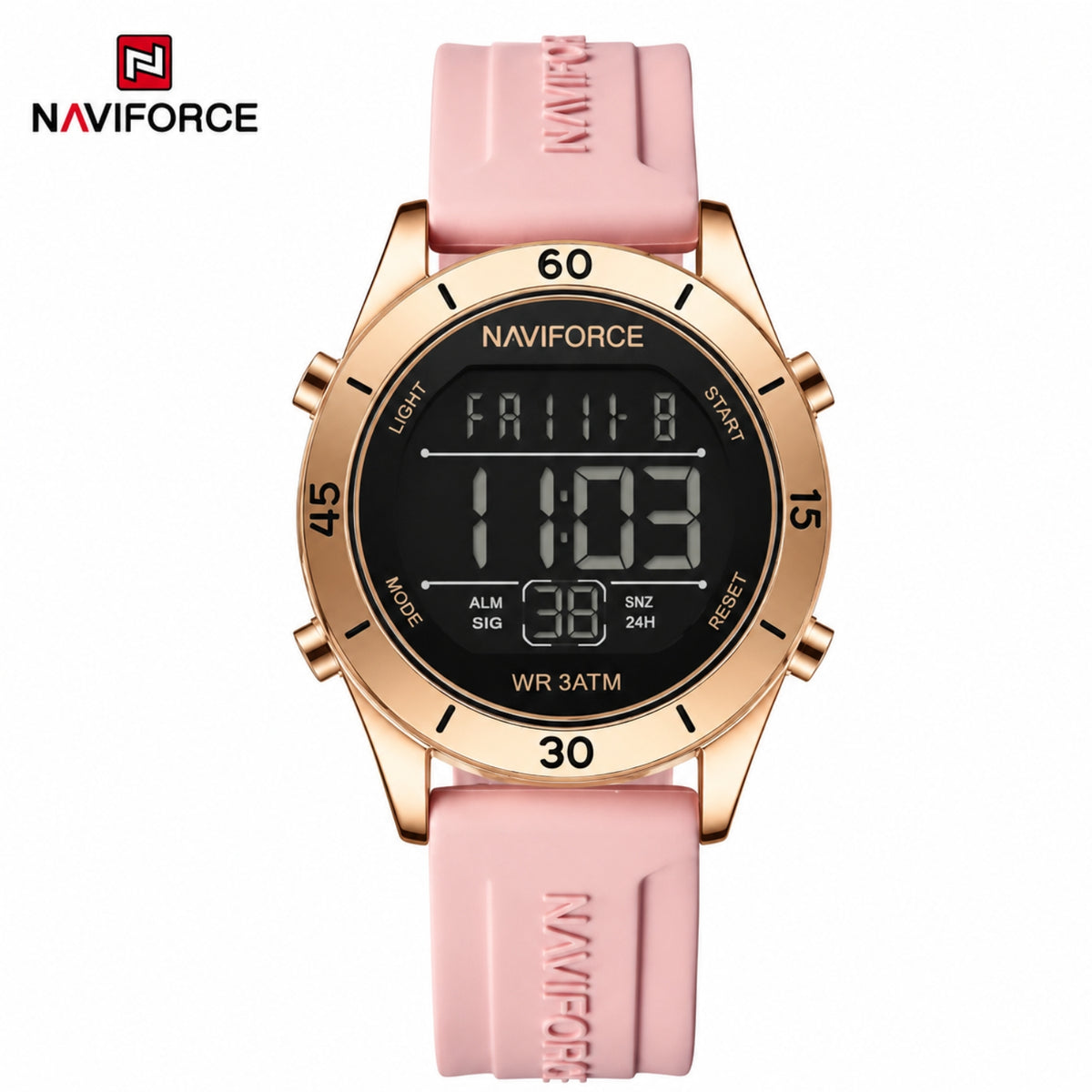 Naviforce Reloj Digital Rose Gold con Correa de Silicona, Diámetro de 36 mm, Cristal Mineral Endurecido y Resistencia al Agua 3 ATM.