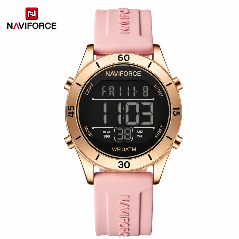 Naviforce Reloj Digital Rose Gold con Correa de Silicona, Diámetro de 36 mm, Cristal Mineral Endurecido y Resistencia al Agua 3 ATM.
