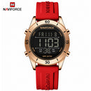 Naviforce Reloj Digital Rojo con Detalles Rose Gold y Correa de Silicona, Diámetro de 36 mm, Cristal Mineral Endurecido y Resistencia al Agua 3 ATM.