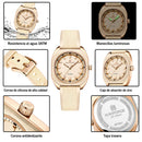 Naviforce Reloj Analógico Beige con Detalles Rose Gold y Correa de Silicona, Diámetro de 33 mm, Cristal Mineral Endurecido y Resistencia al Agua 3 ATM.