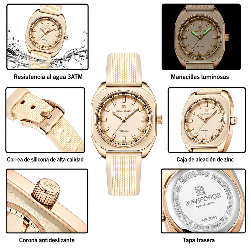 Naviforce Reloj Analógico Beige con Detalles Rose Gold y Correa de Silicona, Diámetro de 33 mm, Cristal Mineral Endurecido y Resistencia al Agua 3 ATM.