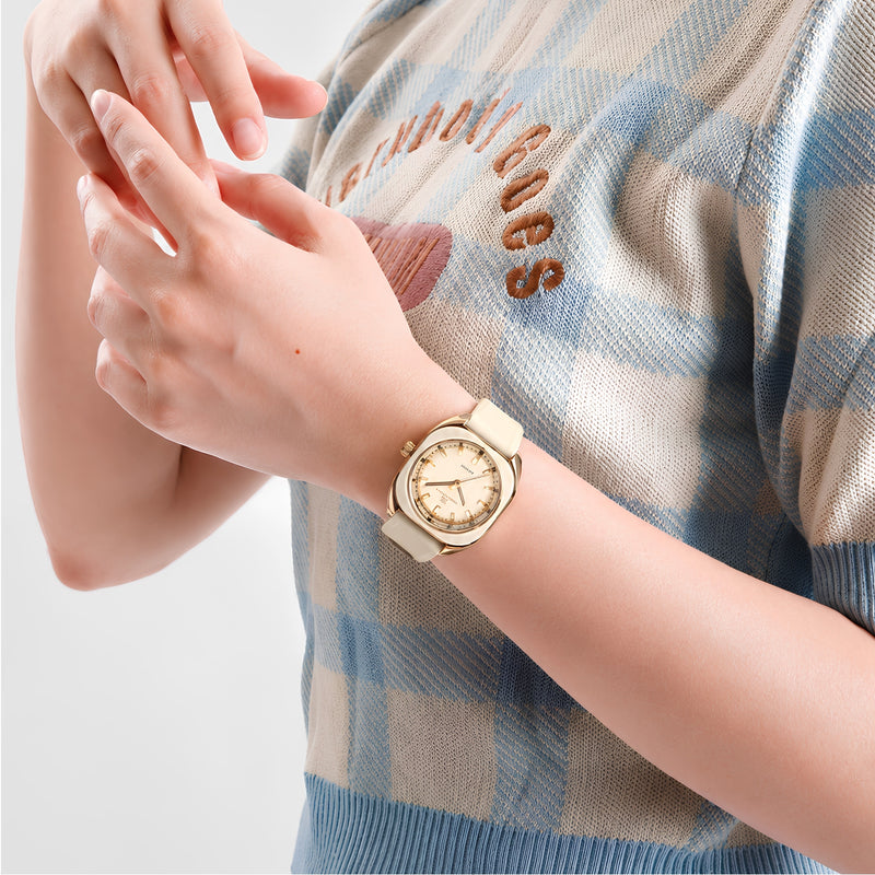 Naviforce Reloj Analógico Beige con Detalles Rose Gold y Correa de Silicona, Diámetro de 33 mm, Cristal Mineral Endurecido y Resistencia al Agua 3 ATM.