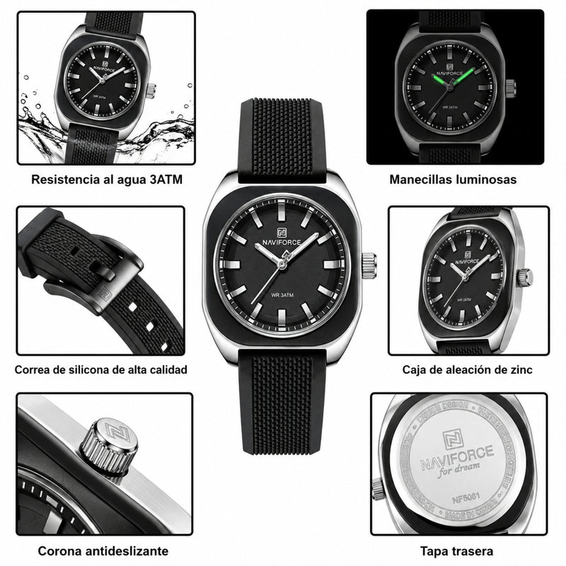 Naviforce Reloj Analógico Negro con Detalles Plateados y Correa de Silicona, Diámetro de 33 mm, Cristal Mineral Endurecido y Resistencia al Agua 3 ATM.
