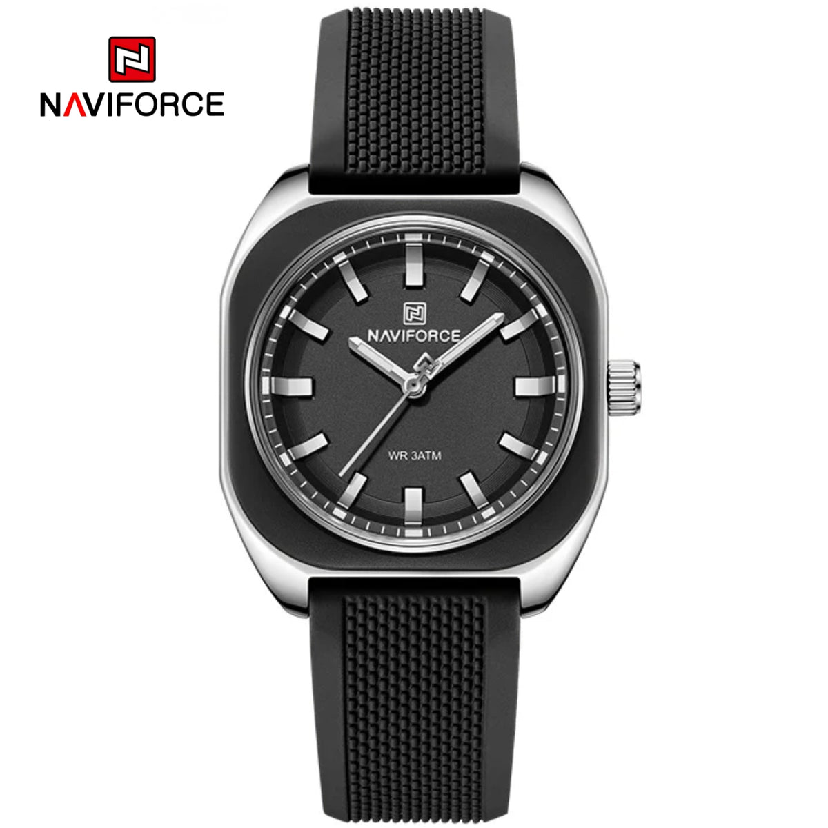 Naviforce Reloj Analógico Negro con Detalles Plateados y Correa de Silicona, Diámetro de 33 mm, Cristal Mineral Endurecido y Resistencia al Agua 3 ATM.