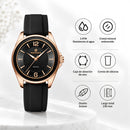 Naviforce Reloj Analógico Negro con Detalles Rose Gold y Correa de Silicona, Diámetro de 36 mm, Cristal Mineral Endurecido y Resistencia al Agua 3 ATM.