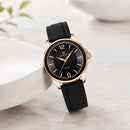 Naviforce Reloj Analógico Negro con Detalles Rose Gold y Correa de Silicona, Diámetro de 36 mm, Cristal Mineral Endurecido y Resistencia al Agua 3 ATM.
