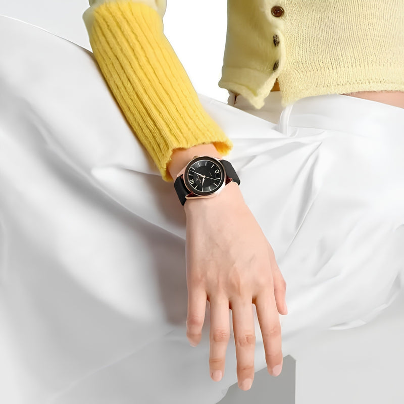 Naviforce Reloj Analógico Negro con Detalles Rose Gold y Correa de Silicona, Diámetro de 36 mm, Cristal Mineral Endurecido y Resistencia al Agua 3 ATM.