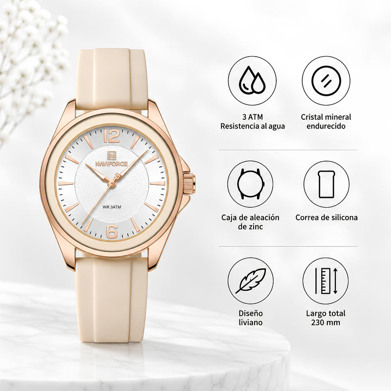 Naviforce Reloj Analógico Beige con Detalles Rose Gold y Correa de Silicona, Diámetro de 36 mm, Cristal Mineral Endurecido y Resistencia al Agua 3 ATM.
