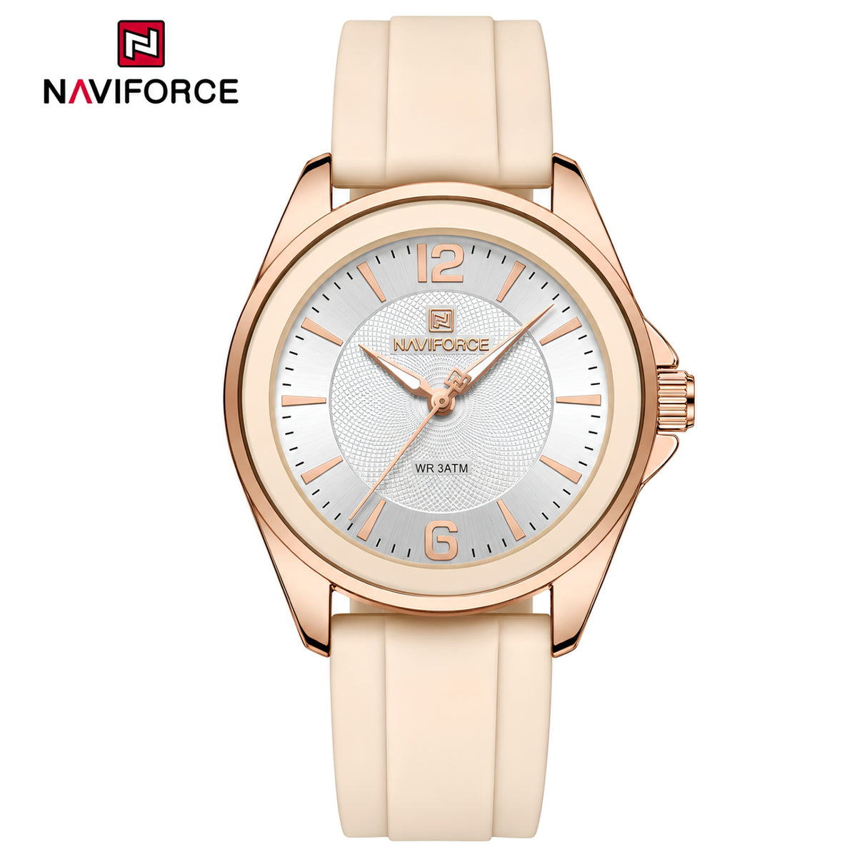 Naviforce Reloj Analógico Beige con Detalles Rose Gold y Correa de Silicona, Diámetro de 36 mm, Cristal Mineral Endurecido y Resistencia al Agua 3 ATM.